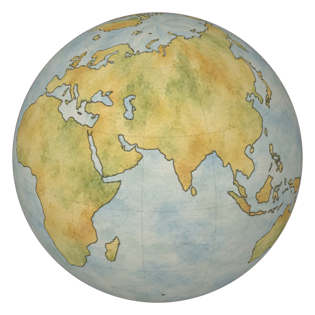 A globe drawn in ink and watercolour on aged paper, showing the places behind our stories.